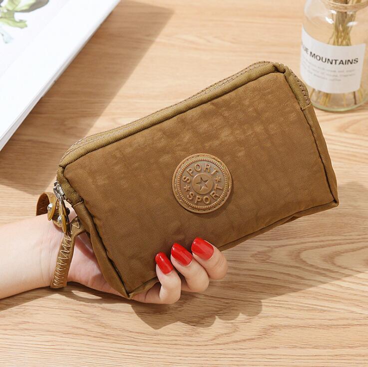 Women Canvas Wallet Clutch Bag Lady Coin Purse Phone Bag Three-layer Zipper Big Capacity Handbag Makeup Bag: Khaki