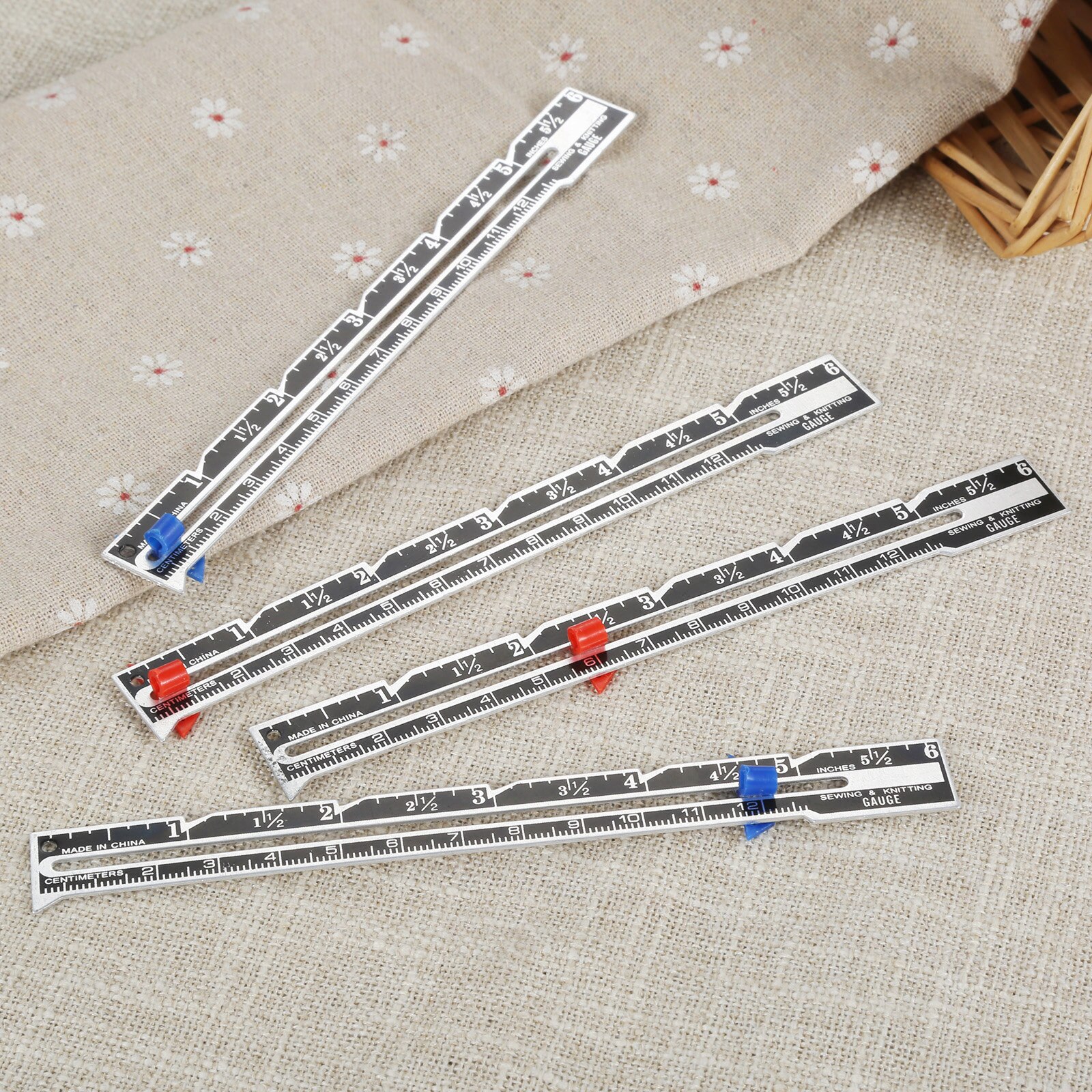 2pcs Sewing Gauge 15cm Seam Measure Tool Metal+Plastic Red/Blue Sliding Pointer Quilt Tailor Ruler Marking Spacing Hicello