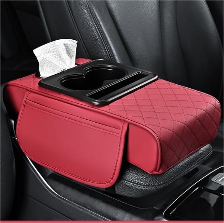 PU Leather Car Armrest Box Heightening Cushion with Cup Holder Tissue Box Side Storage Pocket Arm Rest Cover Height Pad: Red