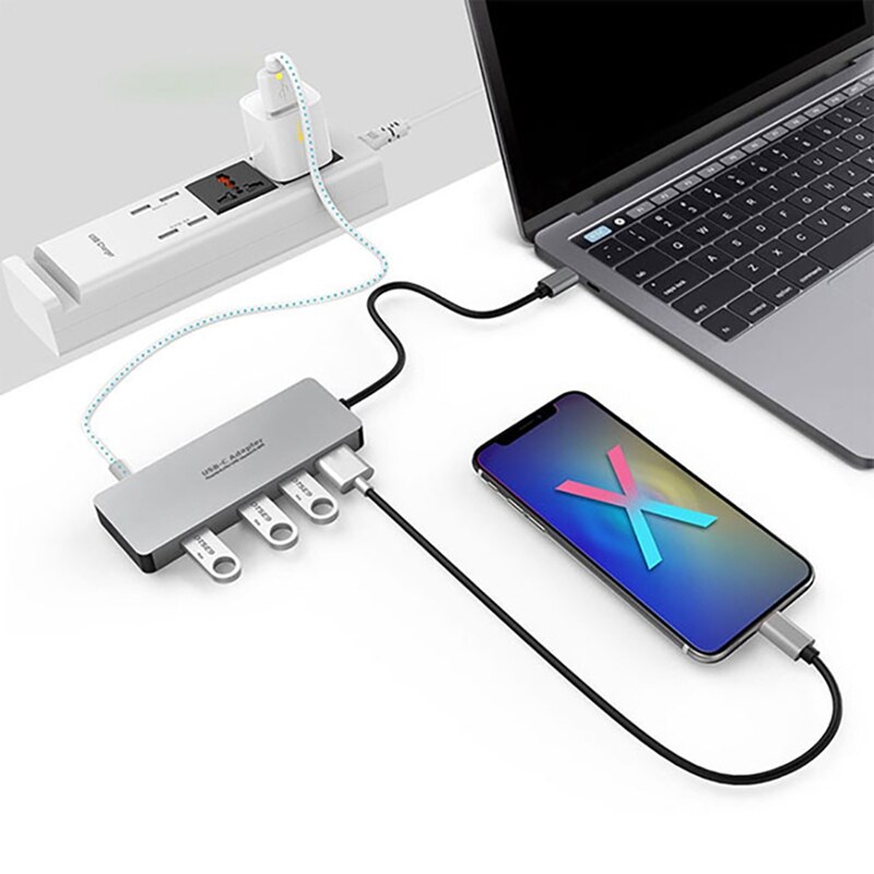 Estación de acoplamiento USB C, adaptador de TYPE-C 5 en 1, de 4 puertos HUB USB, carga PD, adecuado para todos los dispositivos USB C, PC/tableta