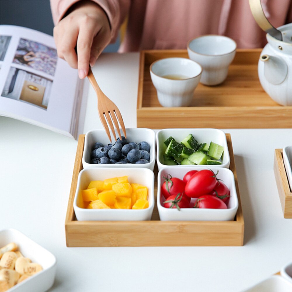 Ceramic Grid Fruit Snack Plate Serving Platter Japanese Small Dish with Tray Japanese-Style Ceramic Bamboo Fruit Nuts Plate