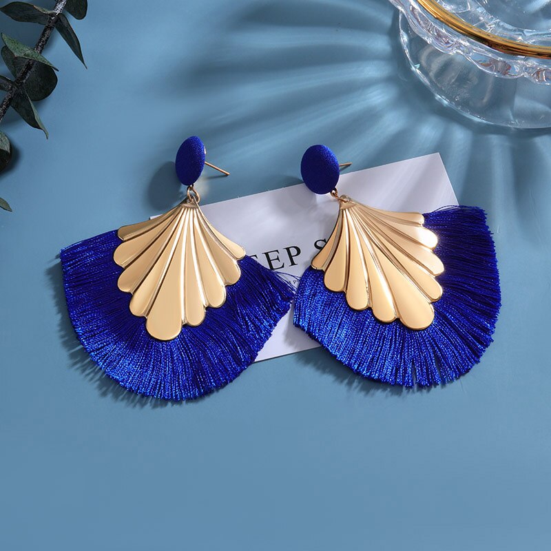 Bohemian Tassel Earrings for Women Cotton Silk Fabric Long Fringe Dangle Earrings Party Female Jewelry: Blue 10