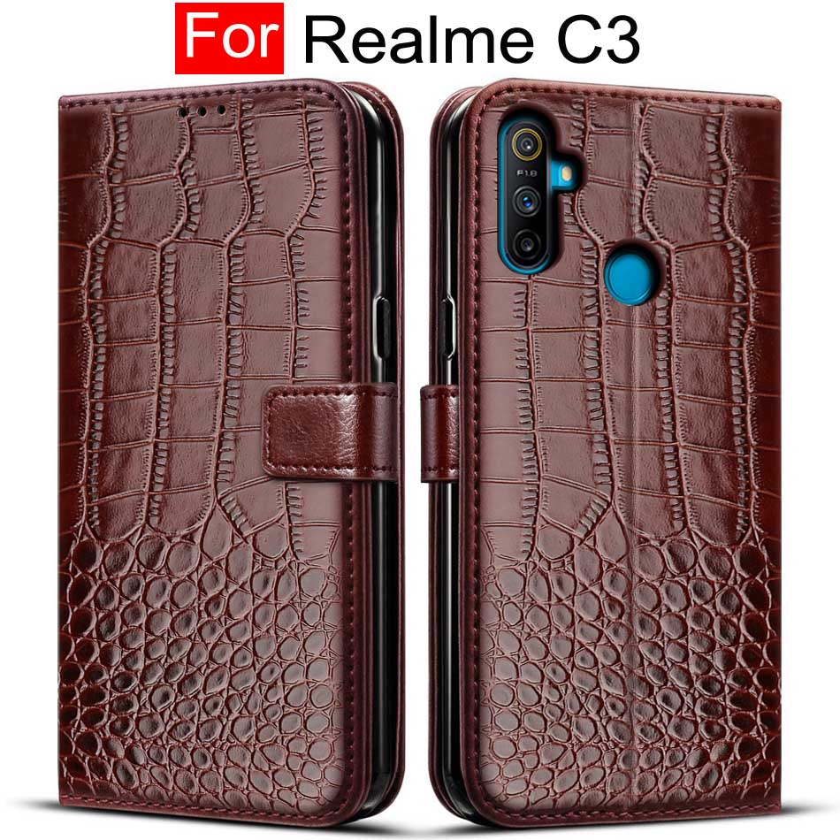 Case Voor Realme C3 Case Soft Silicon Tpu &amp; Leather Flip Back Cover Voor Oppo Realme C3 RMX2020 C 3 coque Capa Funda 6.5Inch Huid: Deep Brown