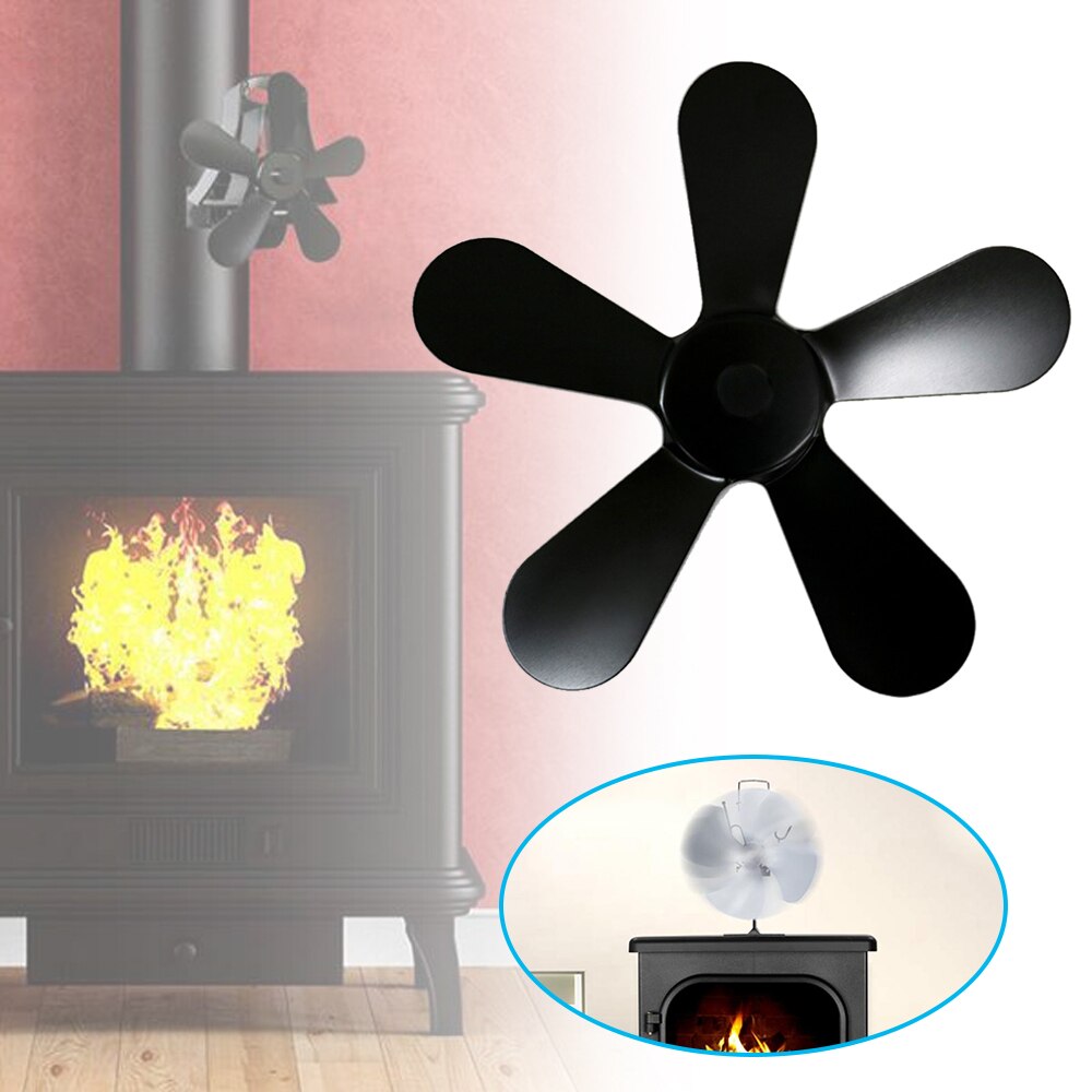 5 Blades Wood Stove Winter Heat Powered Fireplace Fan Heat Powered Stove Fan Log Wood Burner Quiet Black Home Fireplace Fan