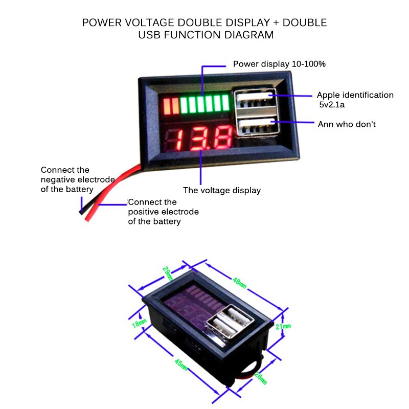 Mini Voltage Meter Battery Tester Panel LED Digital Display Voltmeter for DC 12V Cars Motorcycles Vehicles Dual USB 5V2A Output