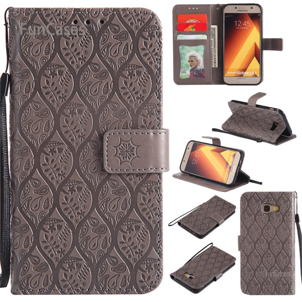 Funda con tapa en relieve de vid para Ajax Samsung A5 funda de teléfono de cuero de poliuretano Vintage funda de diamantes de imitación para Samsung Galaxy A520 Tok: Gray