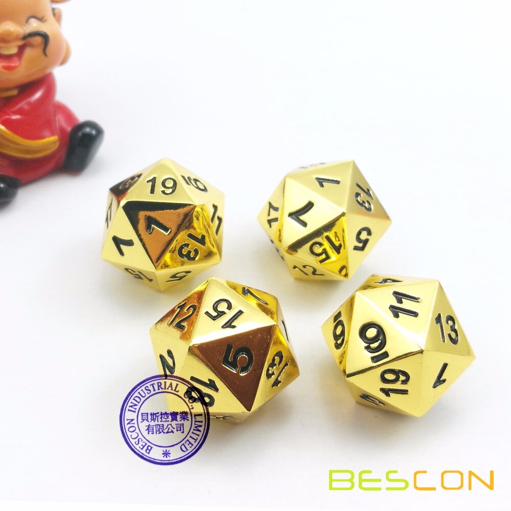 Juego de 4 dados metálicos dorados y sólidos de 20 lados D20 dados poliédricos metálicos dorados