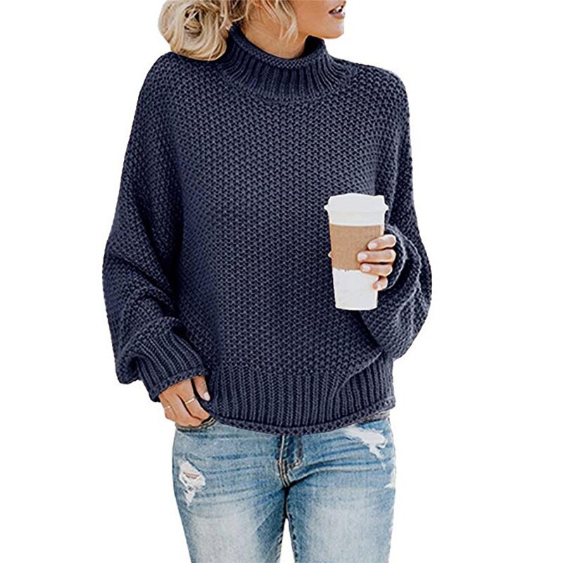 Knitted Turtleneck Warm Women's Sweater Autumn Long Lantern Sleeve Female Sweaters Winter Casual Solid Ladies Pullover: Navy Blue