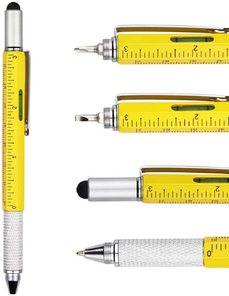Multi Tool Pen 6 In 1 Metal Tech Pen With Ruler Level Screwdriver Condenser Tip Refillable Bubble Level and Ruler Ballpoint pen: Yellow