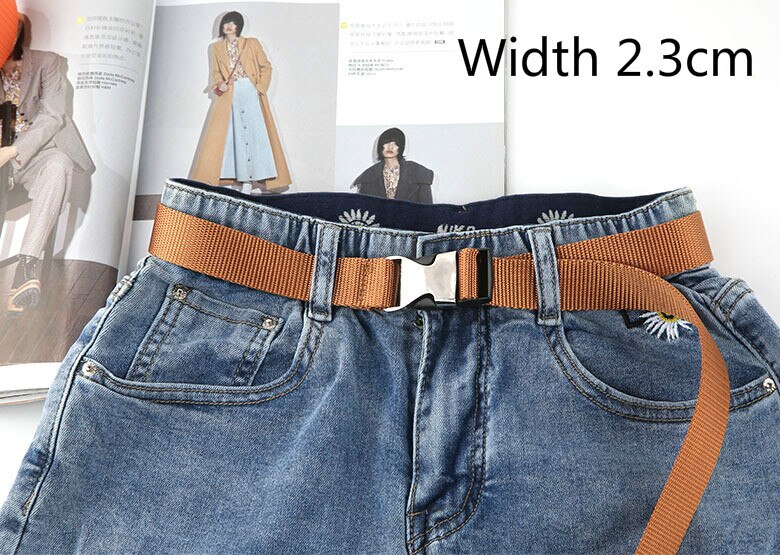 Cinturón largo con hebilla de lona de plástico para mujer, cinturón negro, rojo y blanco, correa para cintura femenina, pantalones vaqueros para niña: Camel Width 2.3cm