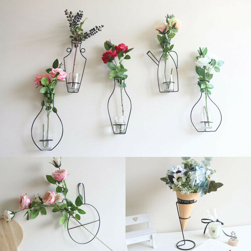 Jarrón con marco de hierro de estilo nórdico, jarrón para colgar en la pared con plantas secas, bastidores para flores, botella DIY para decoración del hogar, floreros para decoración del hogar