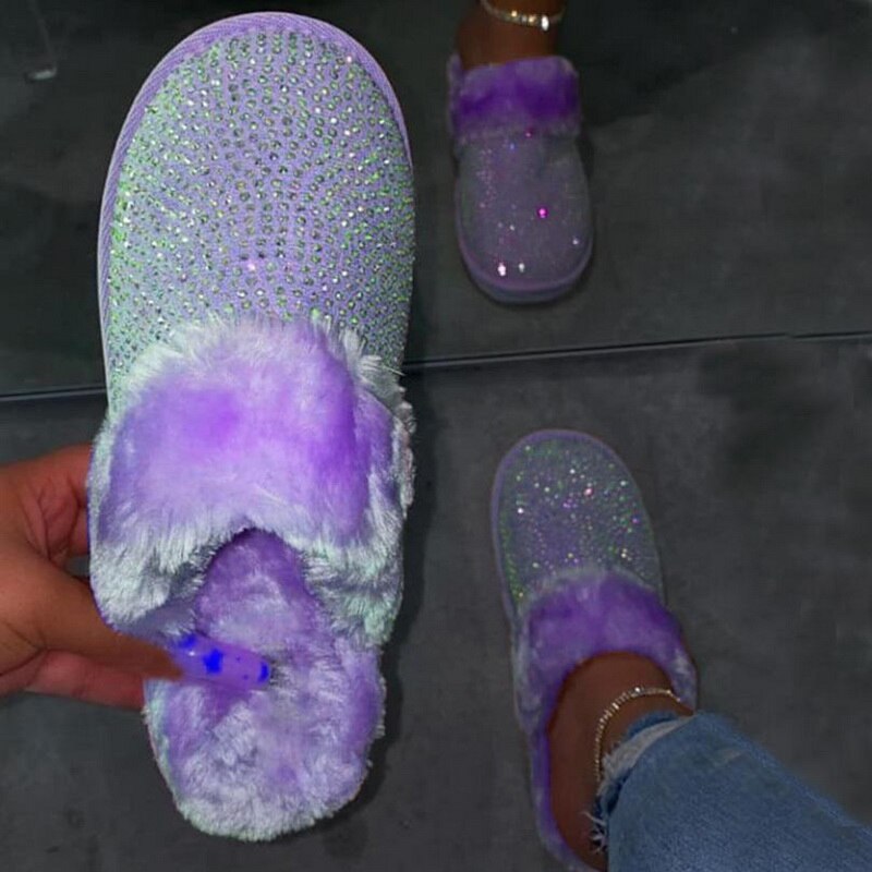 Winter Bling Bont Slippers Vrouwen Warm Meisjes Huis Slippers Slaapkamer Schoenen Kristal Indoor Zapatilla Mujer