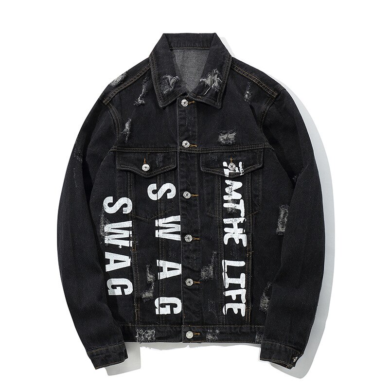 Chaquetas vaqueras con bordado de Hip Hop, abrigo vaquero para hombre con agujeros rasgados, Otoño , Chaquetas vaqueras para hombre, bordado HW340
