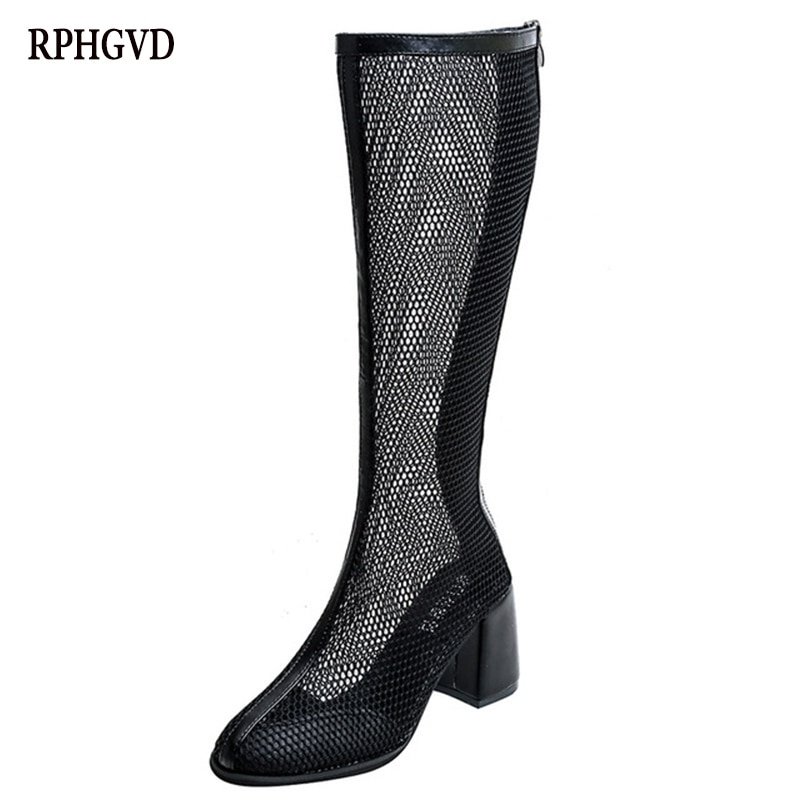 Botas gruesas con cremallera sandalias romanas de malla caladas para mujer Primavera y novedad de verano botas de tacón alto para mujer