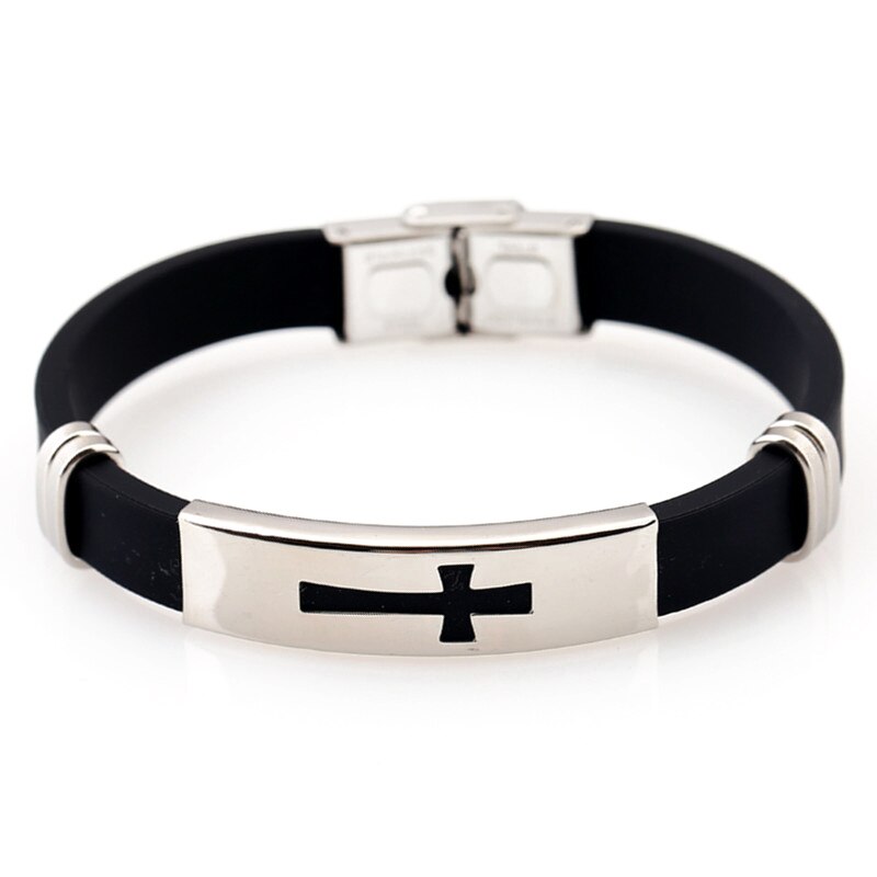 1X Cool Zwarte Siliconen Armband Charm Polsband Heren Rvs Cross