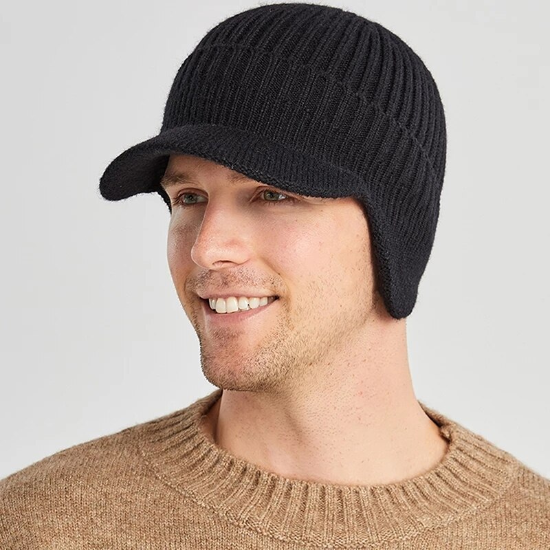 Outdoor Men Winter Knitted Ear Protection Cap Think Wool Beanies Bonnet Snapback Short Brim Hat Cycling Plush Keep Warm Hat