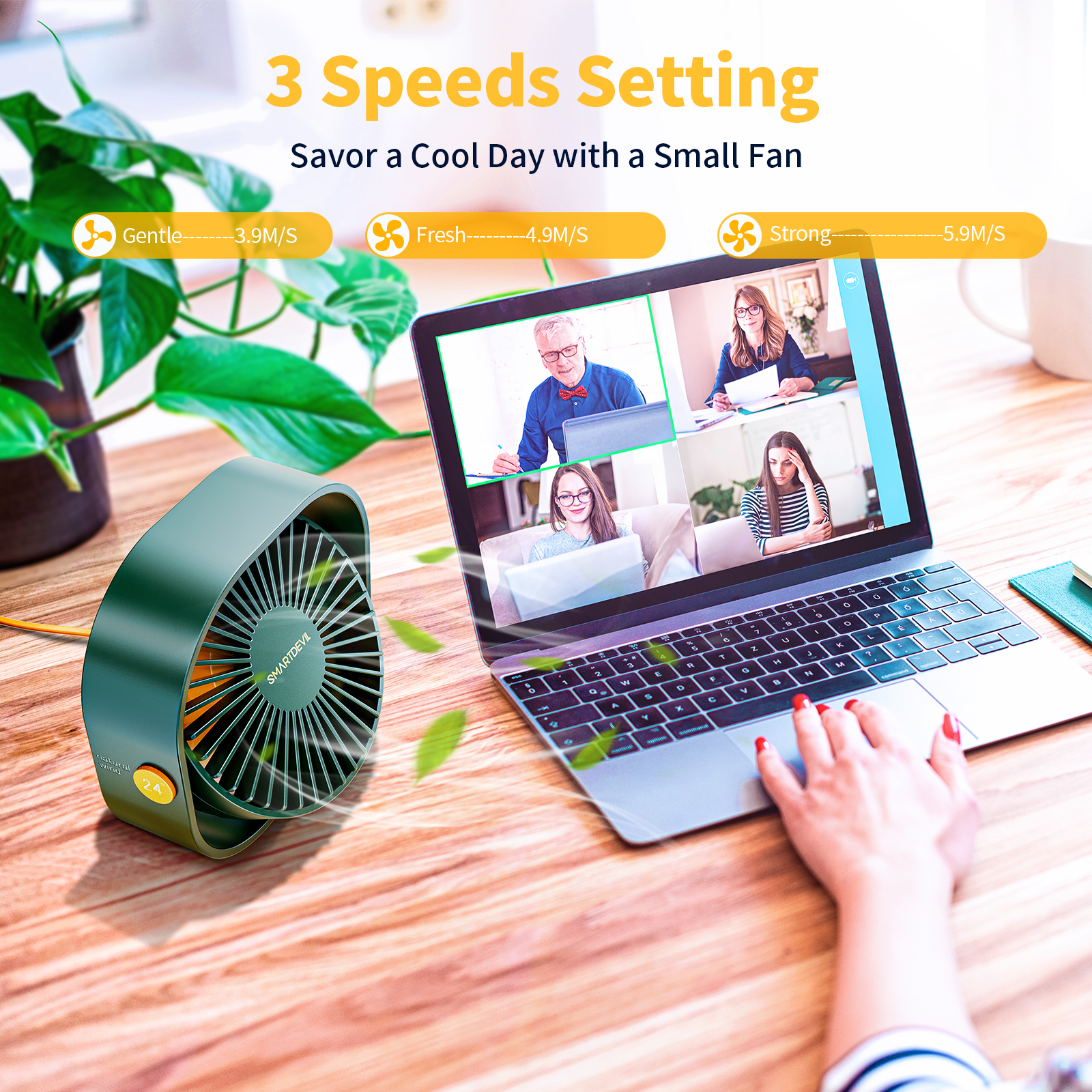 SmartDevil Small Personal USB Desk Fan,3 Speeds Portable Desktop Table Cooling Fan Quiet Operation for Home Office Car Outdoor