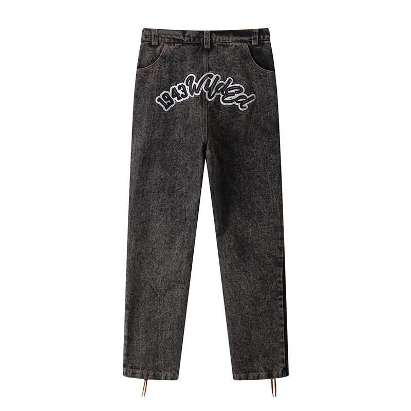 Pantalones vaqueros Harajuku con cordones en el tobillo para hombre, Vaqueros Bordado de letras desgastados Retro rectos y holgados de gran tamaño, informales de Hip Hop: Negro / Asian XL