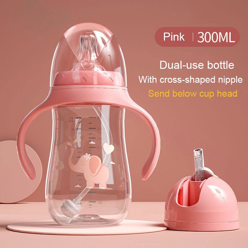 Baby Flessen Drinkbeker Zuigfles Brede Kaliber Multifunctionele Melk Drinken Water Tweeërlei Gebruik Fles Bpa Gratis: Pink 300ml cup head