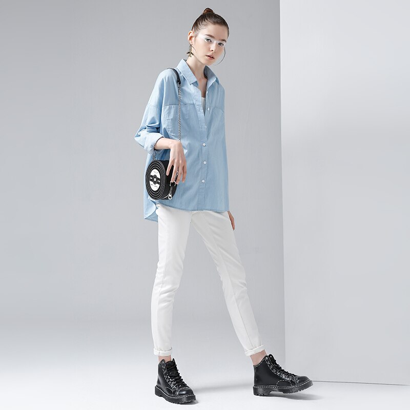 Toyouth Women Blouse Autumn Casual Jeans Blue Tops Long Sleeve Loose Cotton Shirts