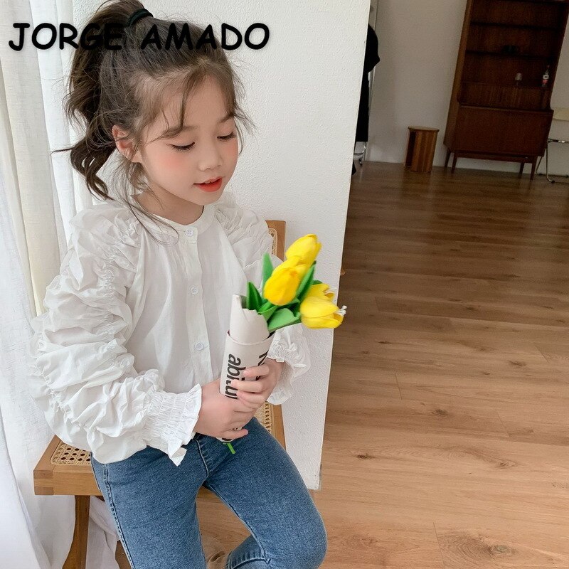 2021 nuova primavera stile coreano adolescenti ragazze camicie tinta unita maniche a sbuffo camicette stile carino vestiti per bambini E278
