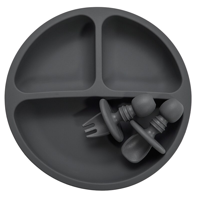 Ensemble d&#39;assiettes en silicone solide, vaisselle d&#39;apprentissage pour bébés, à la , avec fourchette, cuillère, sans BPA: dark-grey