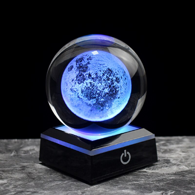 3D Moon Model Crystal Ball Astronomy Sphere Decorative Ball Planets Glass Ball Sphere Decorative Miniature Model Ball: 8cm / M With Led Base