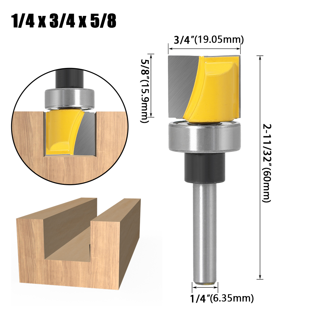 1/4"&amp; 6mm Shank Pattern Bit Flush Trim Bit Straight Bit with Bearing Hinge Mortising Router Bit Wood Trimmer Cutter: 6.35X19.05