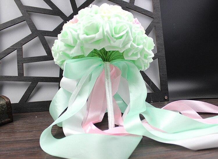 Ilovewedding brudebryllup buket buket bånd håndlavet 30 stk pe roser bryllup blomster brude buketter lilla: Grøn