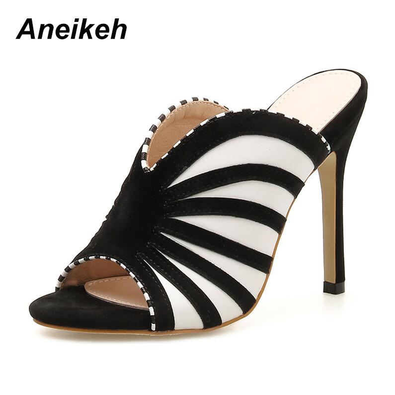 Aneikeh Zebra Stripe Peep Toe High Heel Dress Slippers Summer Slip On Thin Heels Slides Women Mules Black Size 35-40: 6