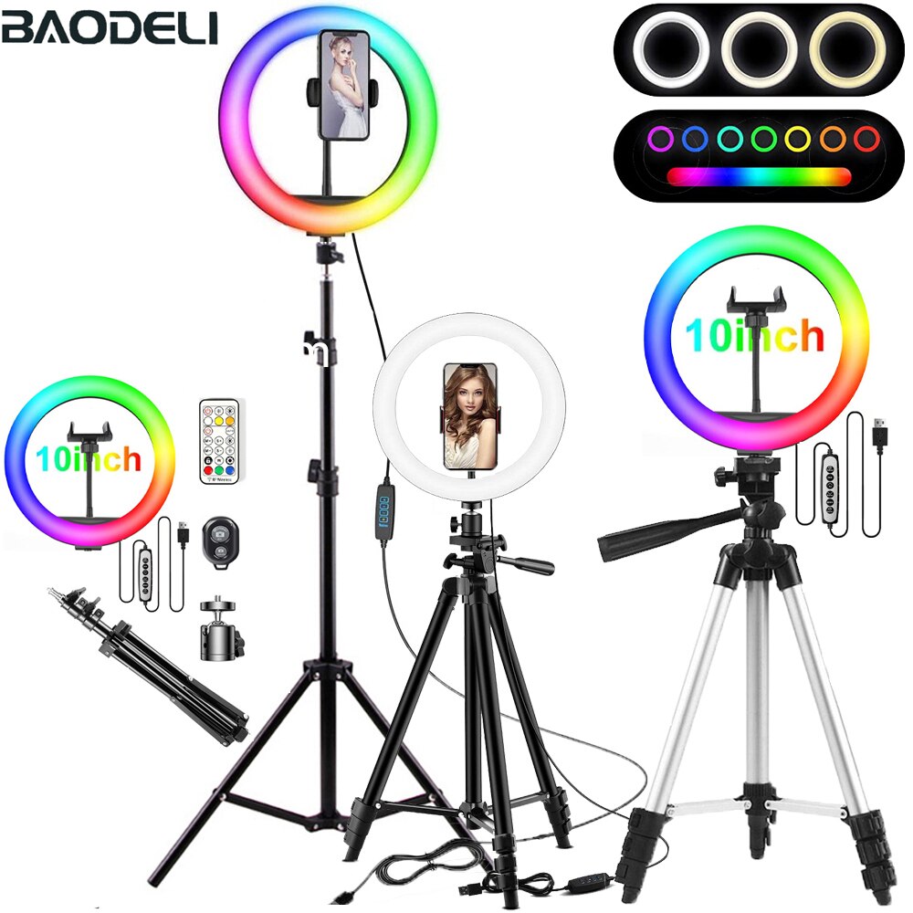 26cm RGB Selfie Ring Licht Kreis LED Füllen Licht Dimmbare Lampe Trepied machen-hoch Fotografie RingLight Telefon Ständer Halfter Stativ