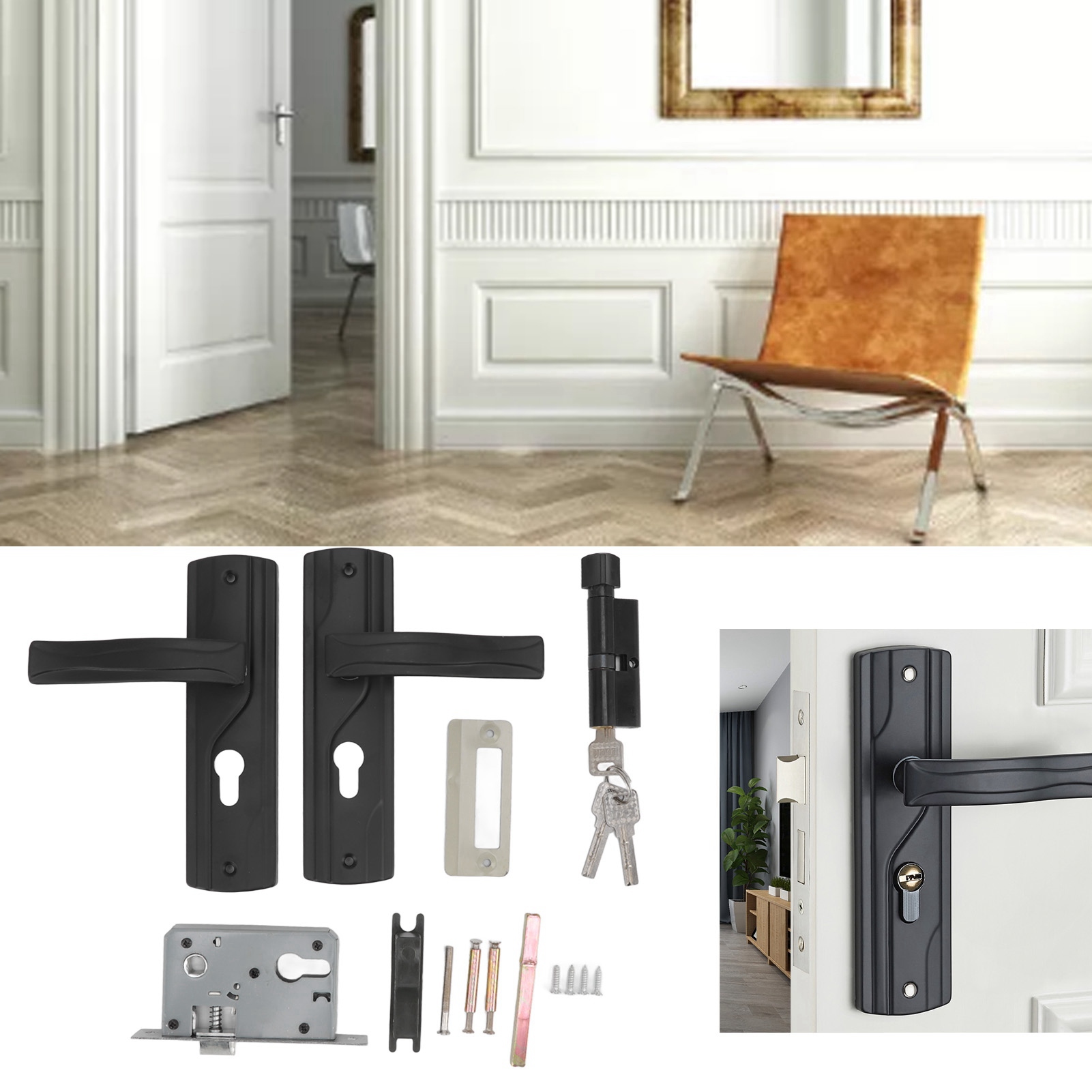 Door Handle Lock Keys Set Bedroom Door Lock Set Large Knob Black Smoothly Rotating Silent Bearing for Bathroom