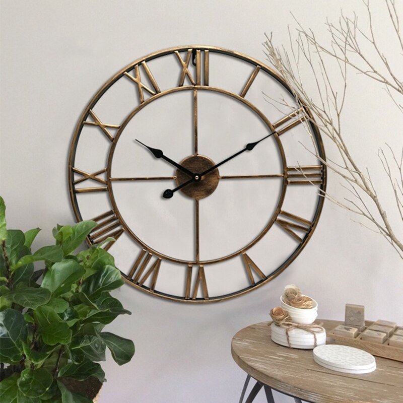 Nordic Roman Numeral Metal Wall Clocks Retro Hollow Iron Round Art Black Gold Large Outdoor Garden Clock Home Decoration 40CM