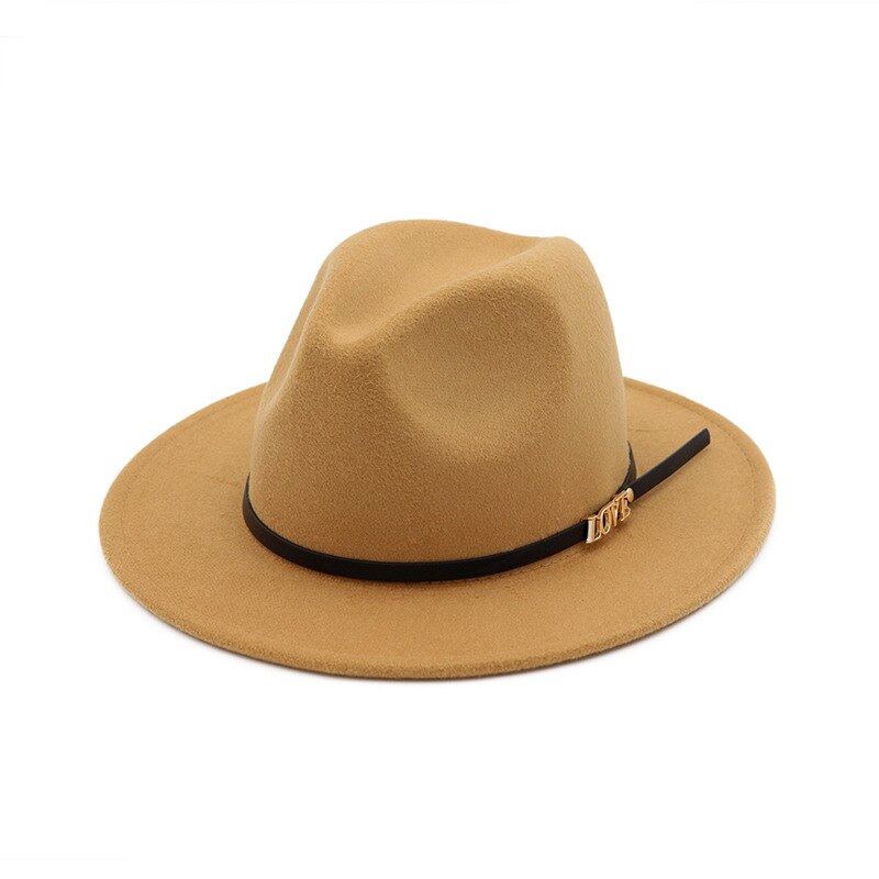 Men Wool Fedora Hat Wide Brim Women Faux Woolen Ladies Fedora LOVE Logo Jazz Hat Belt Caps Bowler Felt Hats Autumn Winter