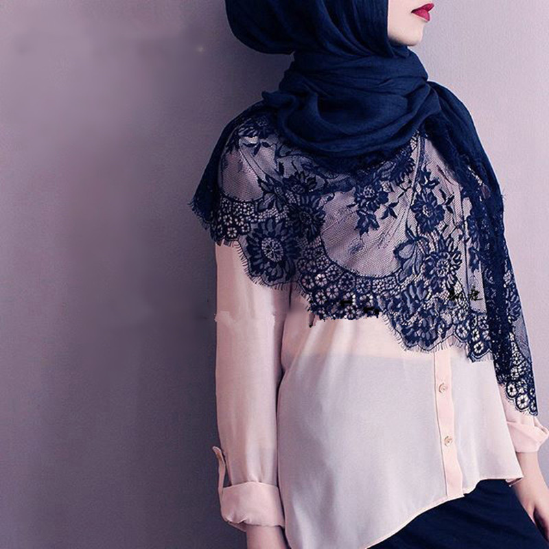 Two Sides Floral Lace Hijabs Viscose Head Scarves Muslim Womens Plain Maxi Muffler Cotton Arab Shawl Tudung Turban 1PC