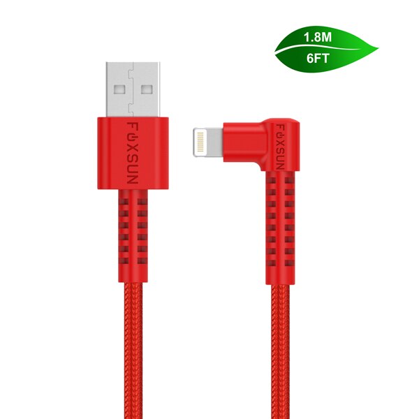 Foxsun Right Angle For Lightning Cable 90 Degree iPhone Charger USB Cable Nylon Braided Fast Speed Data Sync Apple Charging Cord: Red