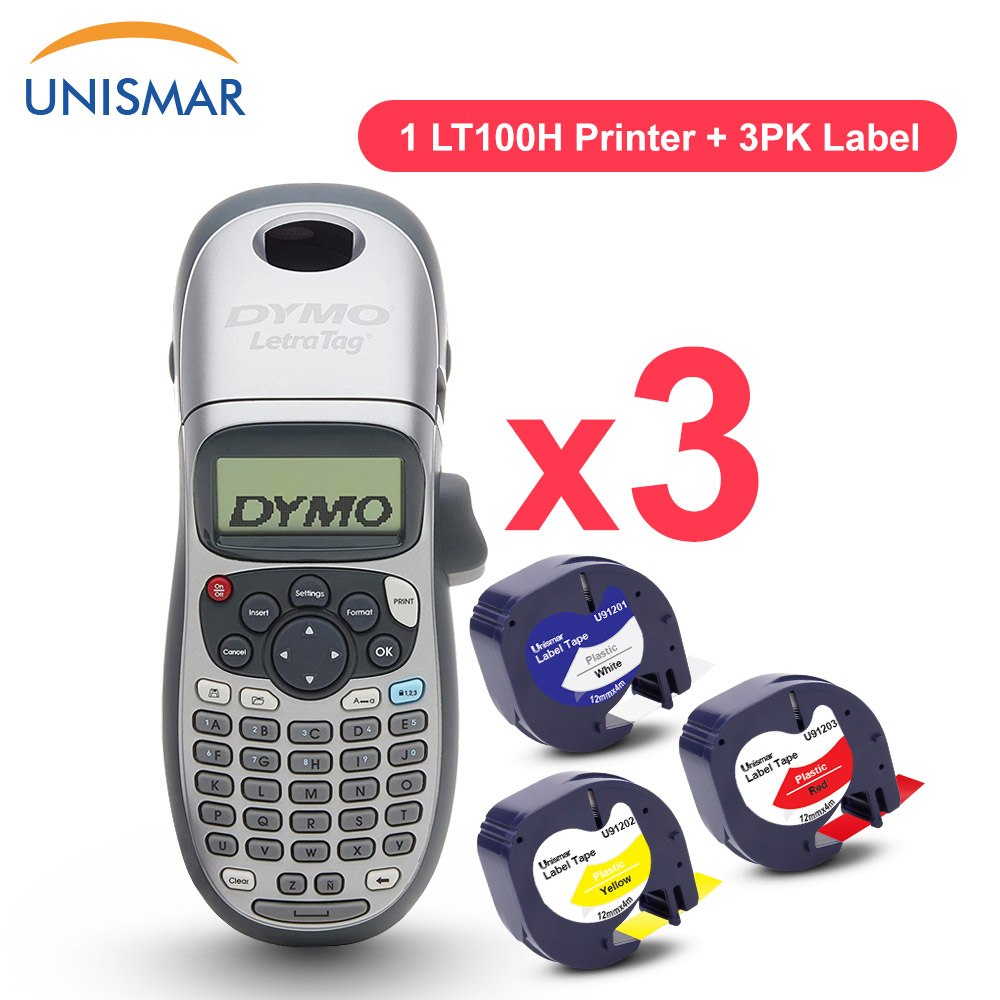 Unismar DYMO LetraTag LT-100H LT100H Label Machine with 12mm Label Tape Compatible for Dymo LT L100H Label Printer 91201 91202: 1 Printer 3 Label