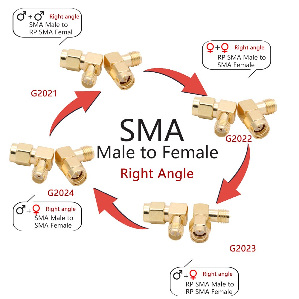 Conector SMA a SMA macho hembra RP SMA a SMA macho RPSMA, convertidor de adaptador RF de 3 vías de ángulo recto