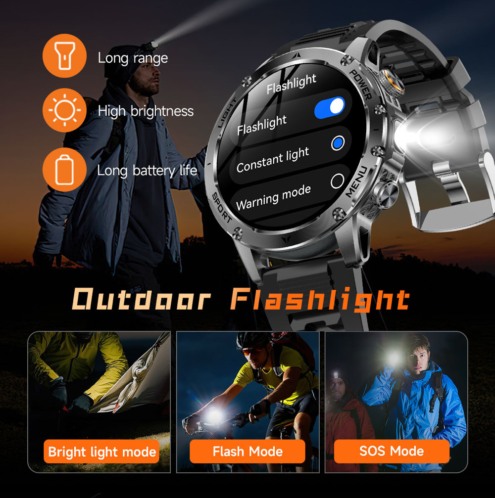 Nuovo Smartwatch Sport all'aria aperta Torcia SOS Chiamate wireless Orologi dente blu Frequenza cardiaca Meteo Musica Orologio intelligente impermeabile