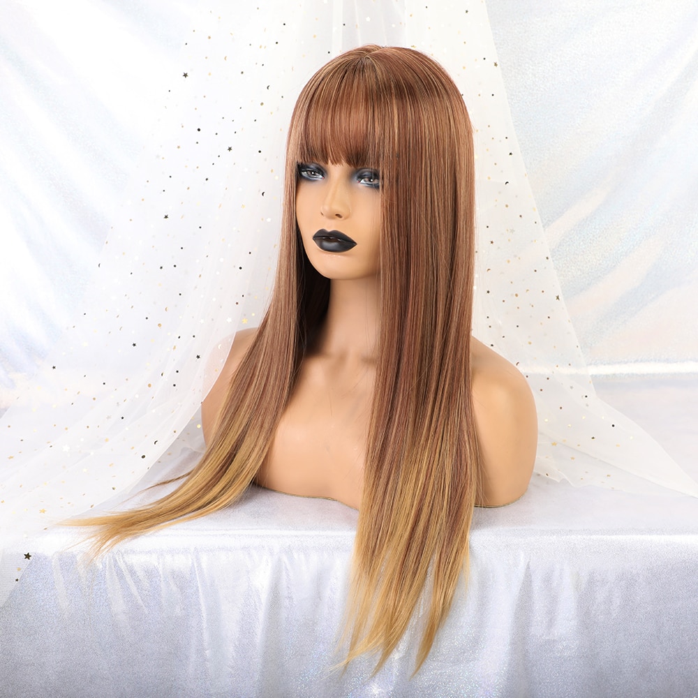 Lange lige kvinder syntetiske parykker med pandehår ombre brun blond naturlig daglig fest hår parykker varmebestandige fiber parykker