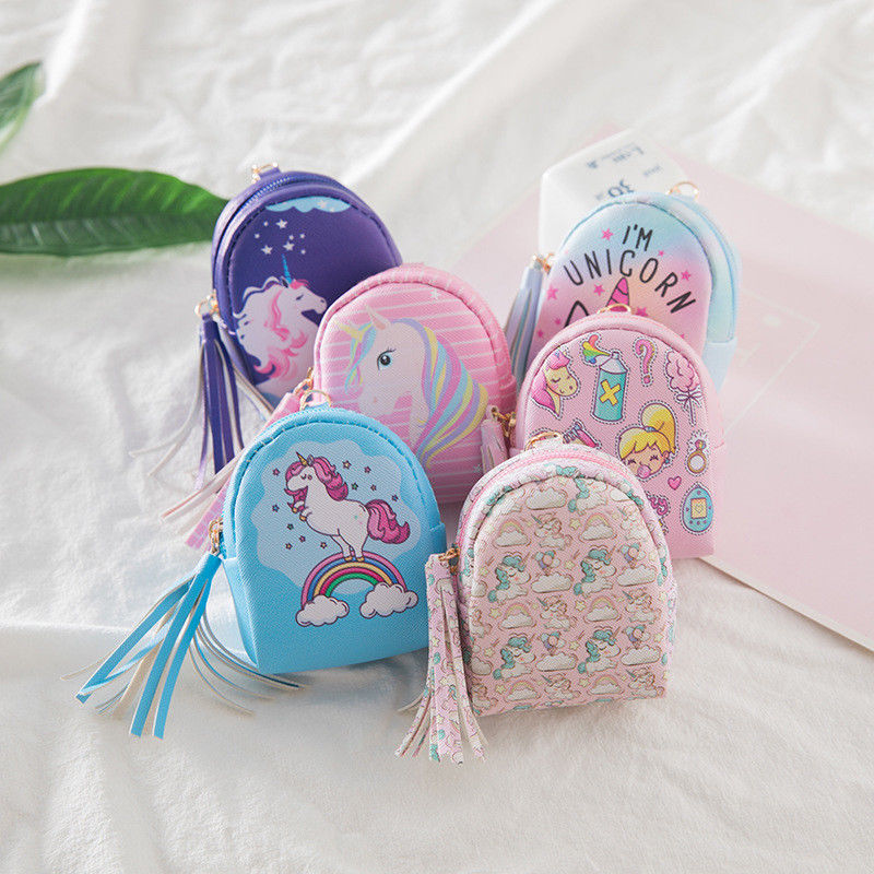 Bolso de para niños, bolsita monedero de unicornio, Mini bolso de piel sintética, bolsa con llavero, billeteras, bolso Vintage con borla