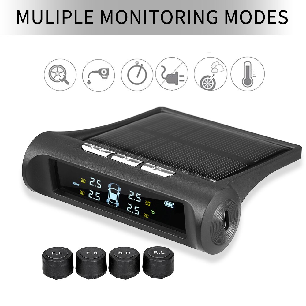 TPMS Tire Pressure Monitoring System Universal Wireless with 4 External Sensors Real-time Display 4 Tires' Pressure Temperature