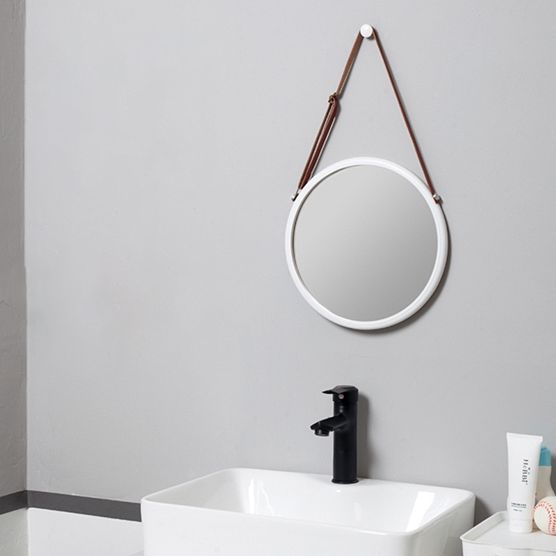 Espejo de pared redondo colgante para baño, marco de bambú sólido y correa de cuero ajustable, decoración de dormitorio, espejo redondo de maquillaje