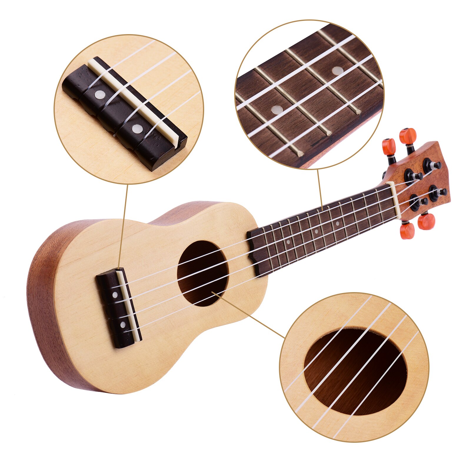 Muslady-Mini Ukelele acústico portátil de viaje, guitarra de 4 cuerdas, tablero superior de madera de abeto, con bolsa de transporte, 17 pulgadas