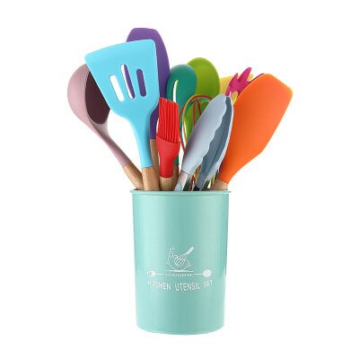 12 unids/set Color utensilios de cocina de silicona conjunto de madera de mango palo de utensilios de cocina espátula SpoonKitchen utensilios de cocina Gadgets: Colorful