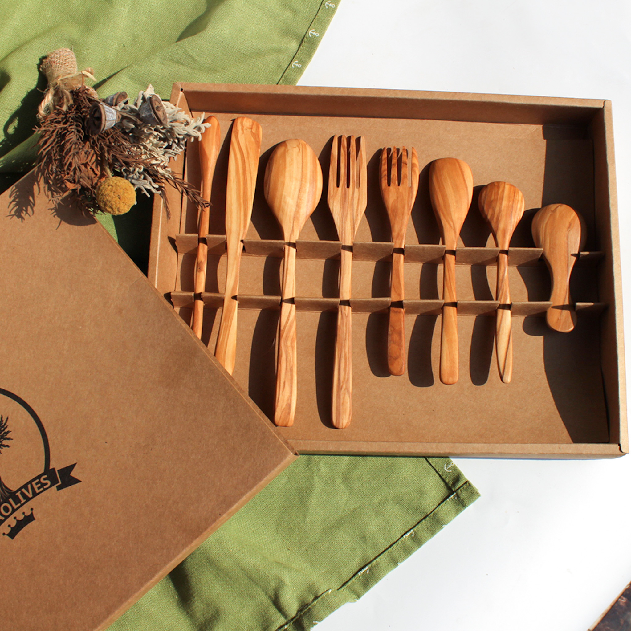 Olijf Houten Gebruiksvoorwerp kleine kitchenwares houten hand gemaakt Spatel en Lepel vork mes 8 set leuk voor kinderen #950