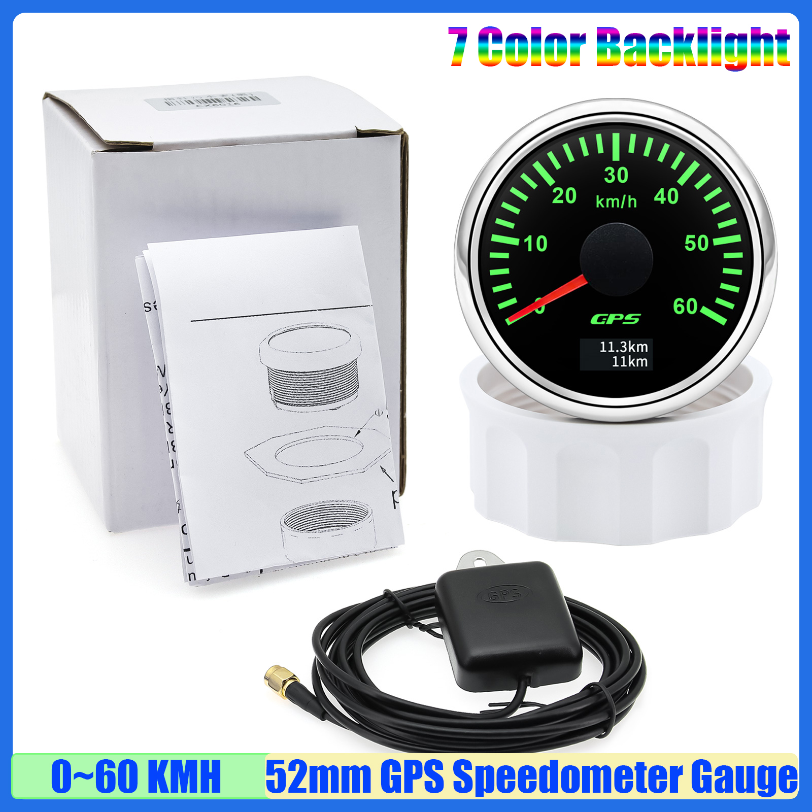 30 km/t 60 km/t 80 km/t 120 km 200 t gps-speedometer med antenne 7- farvet led-hastighedsmåler kilometertæller auto bil båd 12 v 24v brugerdefineret: Multi