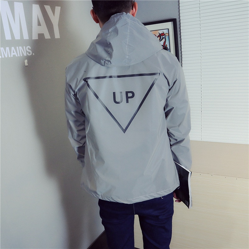 Chaqueta reflectante hombre payaso Casual Hiphop triángulo invertido hasta cazadora pareja abrigo de noche con capucha fluorescente ropa