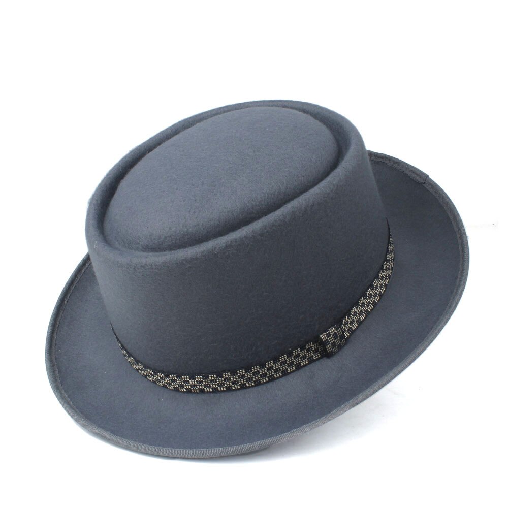 Men's Women's Pork Pie Hat Wool Flat Fedora Hat Pop Jazz Church Hat Size 58CM