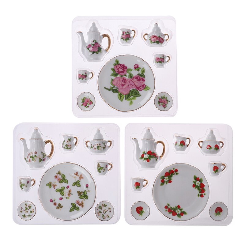 8pcs Dollhouse Miniature Restaurants Goods Porcelain Tea Set Plate Cup Plate Flower Print Dollhouse Furniture Accessories Toys